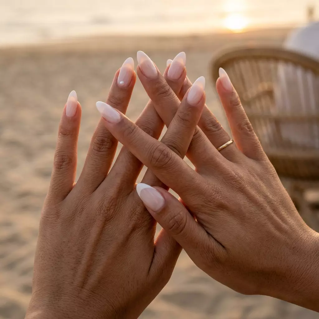 Micro French Stiletto Nails 2026: Elegant Bridal Style Sheer White Micro French Stiletto nails: Elegant, minimalist summer nails 2026 for weddings & formal events.