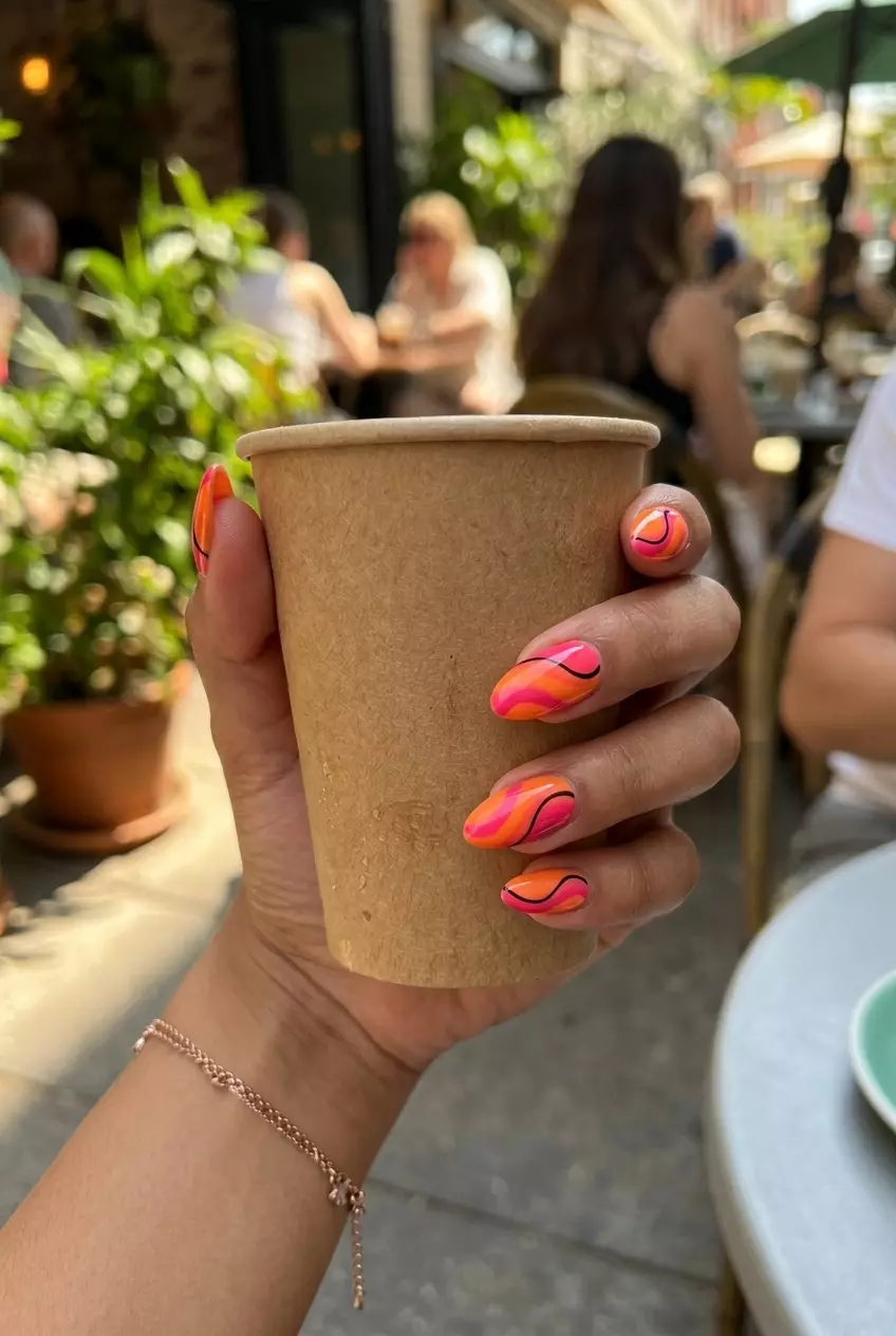 Abstract Swirls Orange & Pink Glossy nails for trendy summer nails 2026. Bold, playful festival style.
