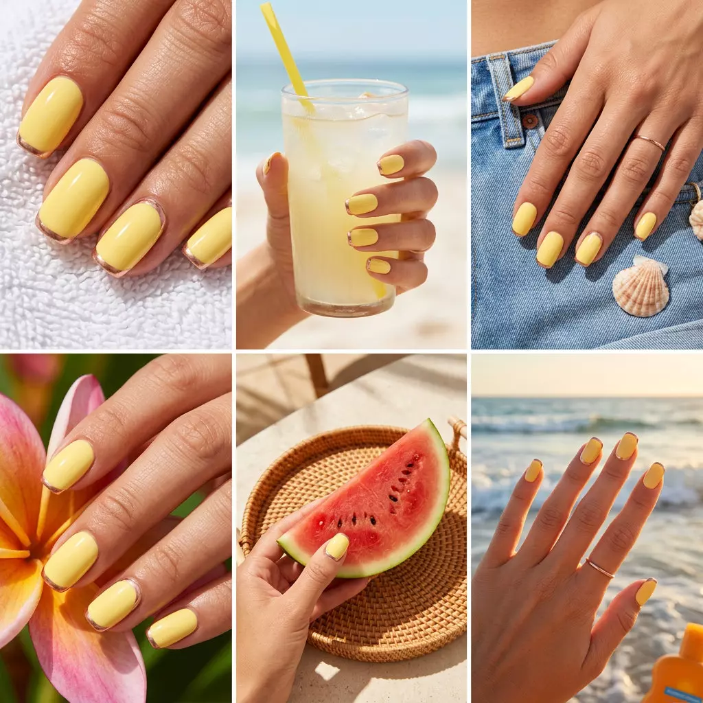 Butter Yellow Chrome Accents Squoval nails for trendy summer nails 2026. Cheerful, polished look for brunch.
