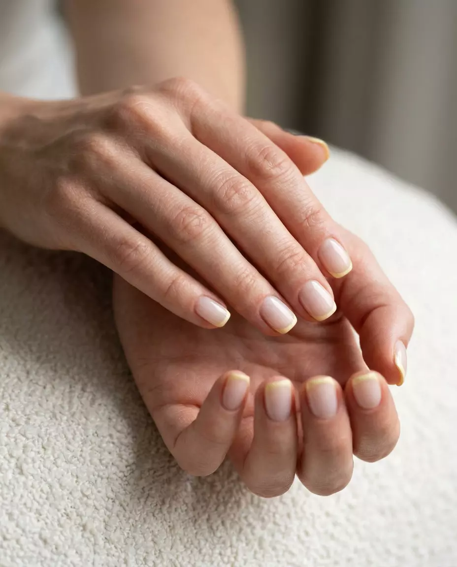Butter Yellow Sheer French nails: Chic milky nude with fine butter yellow micro-French tips for weddings.