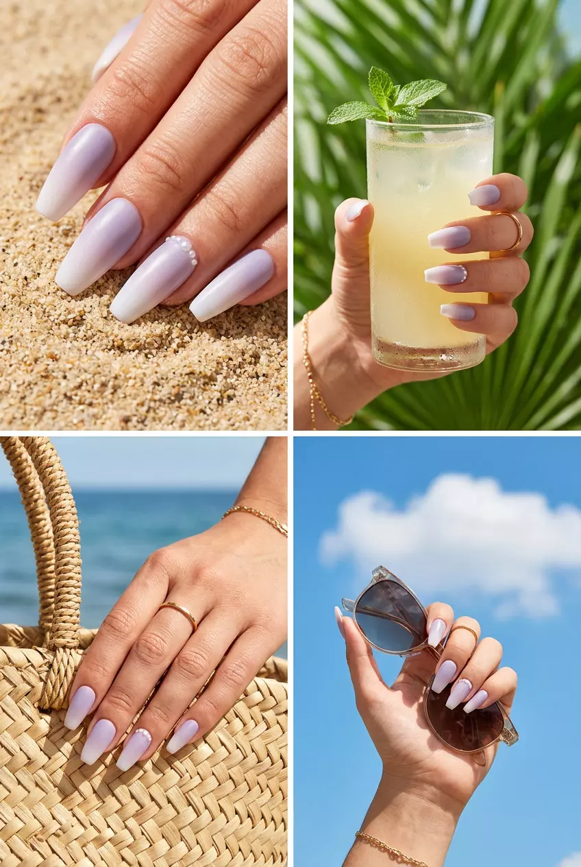 Trendy summer nails 2026: Ethereal lavender milky white gradient coffin nails with pearls.