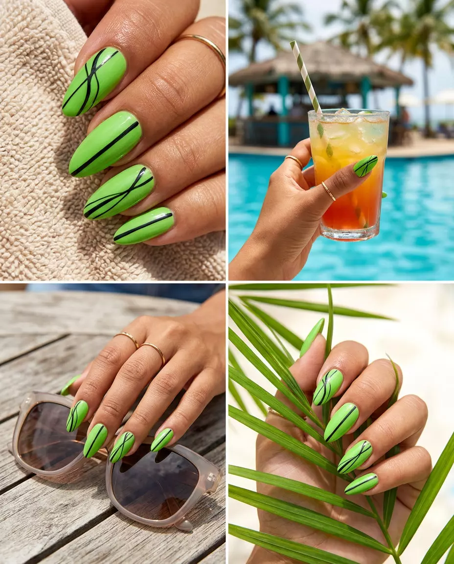 Trendy summer nails 2026: Bold lime green almond nails with graphic black lines for festivals.