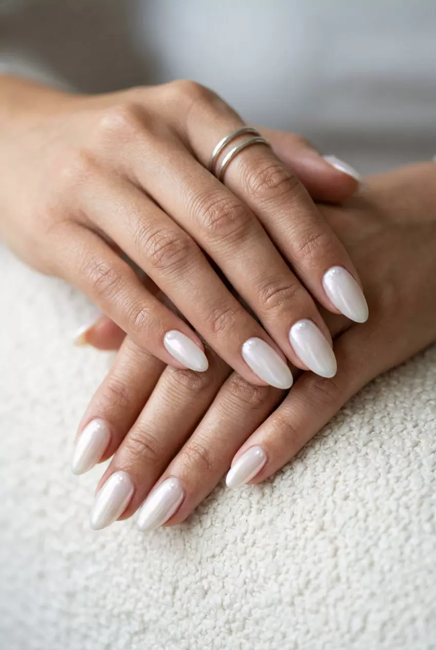 Milky White Glazed Donut with Pearls nails: Serene milky white with pearl sheen and subtle pearl accents for spa days.