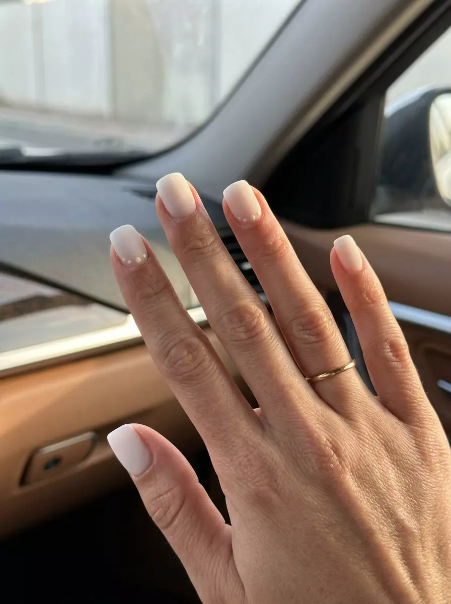 Trendy summer nails 2026: Minimalist milky white velvet dots on short square nails for daily wear.