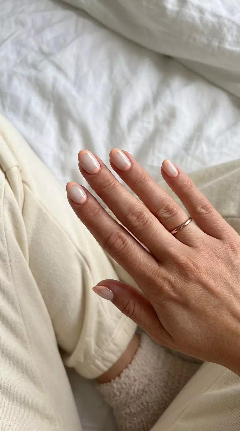 Peach Fuzz Reverse French Oval nails for trendy summer nails 2026. Chic, soft peach and milky base for daily wear.