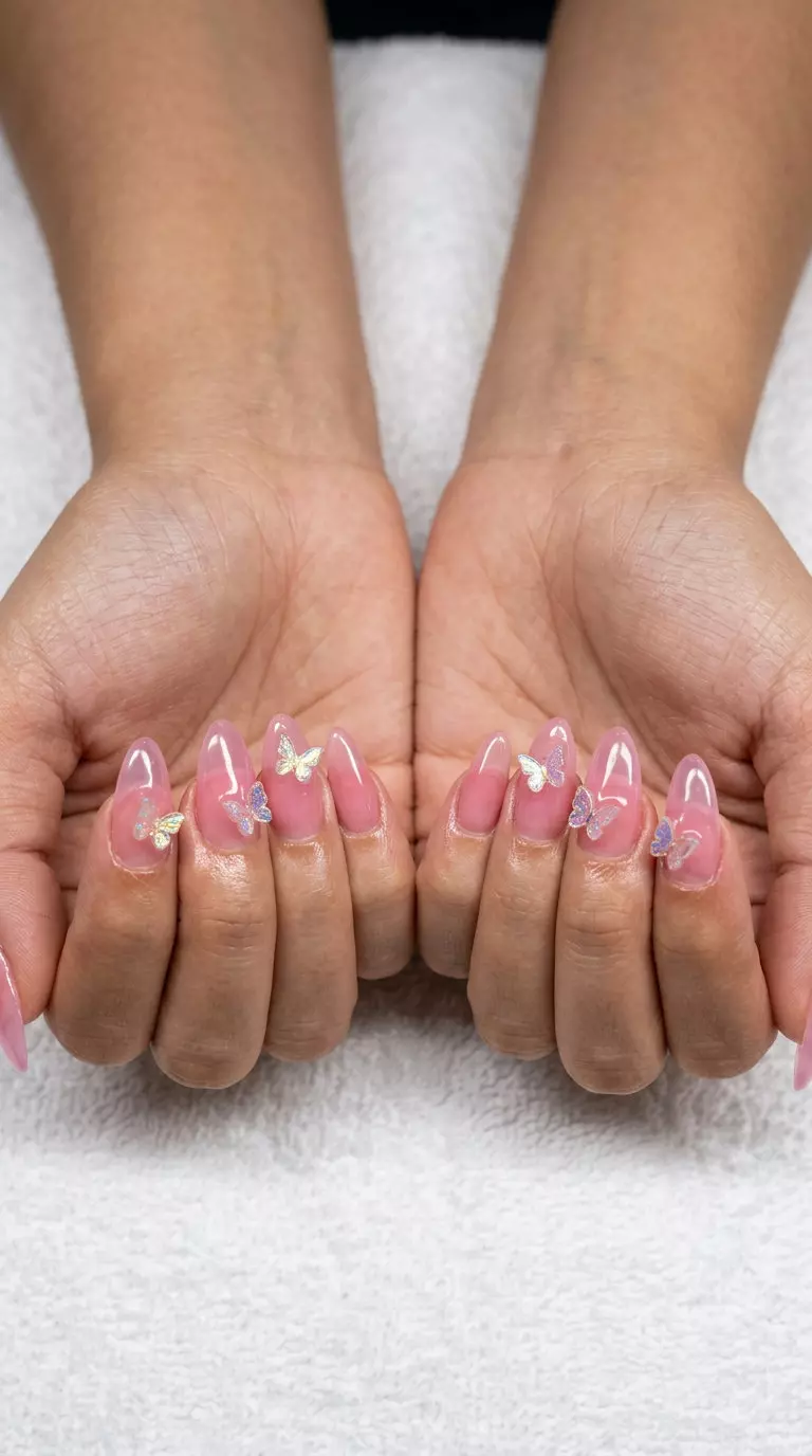 Trendy summer nails 2026: Whimsical pink jelly coffin nails with 3D butterfly charms for vacation.