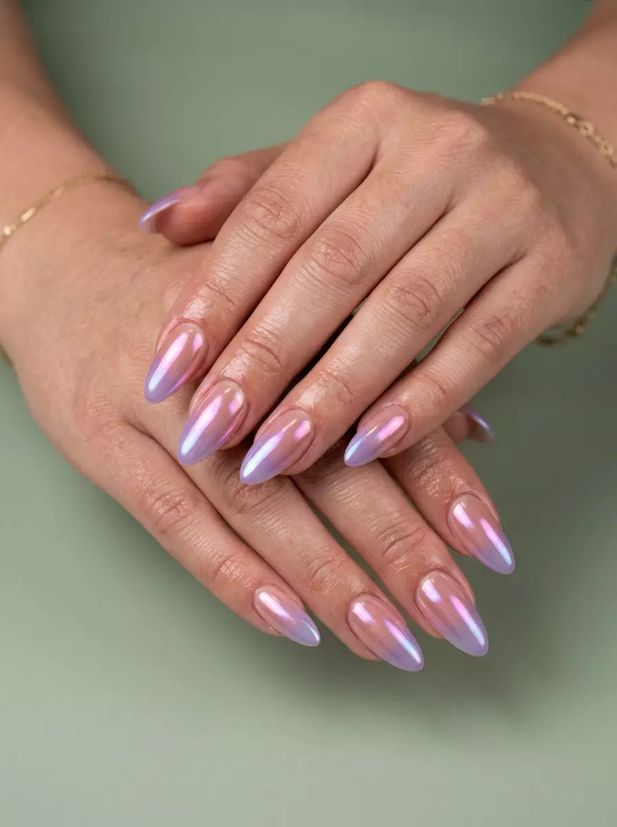 Prismatic Sunset Ombre nails: Futuristic rose gold to lavender ombre with iridescent chrome for summer nights.