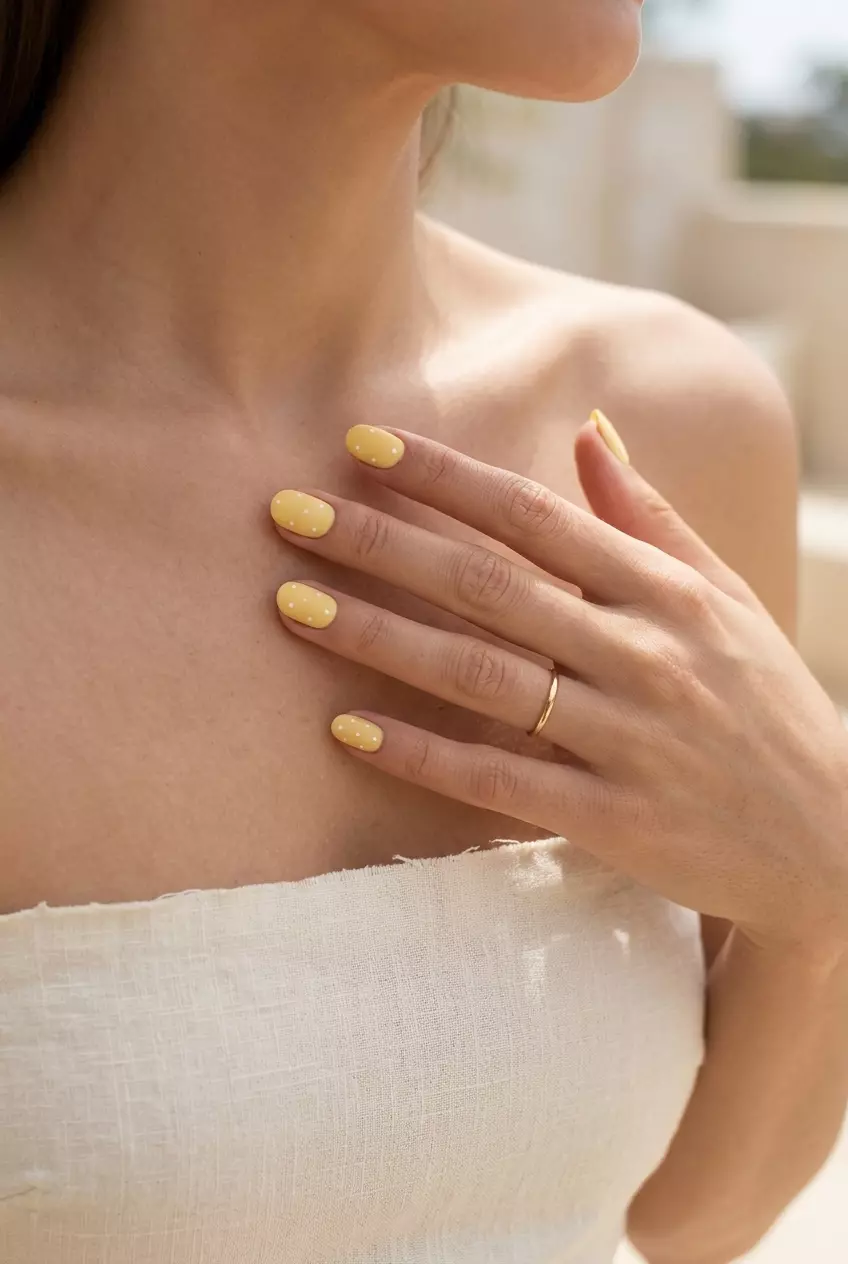 Sunny Dot Delight nails: Playful butter yellow matte nails with scattered white dots for casual summer days.