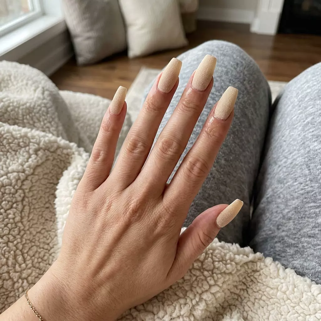Textured Sand Dune Coffin nails: Minimalist warm nude matte coffin nails with subtle beige texture for chic daily wear.