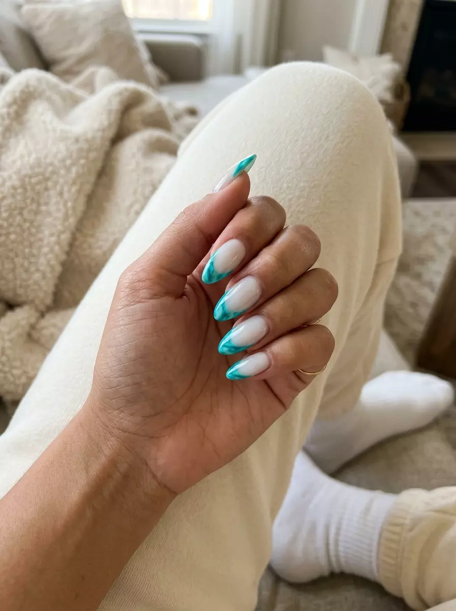 Tropical Nail Designs 2026: Aqua Marble French Glamorous aqua marble French coffin nails for evening events and cocktail parties in 2026.