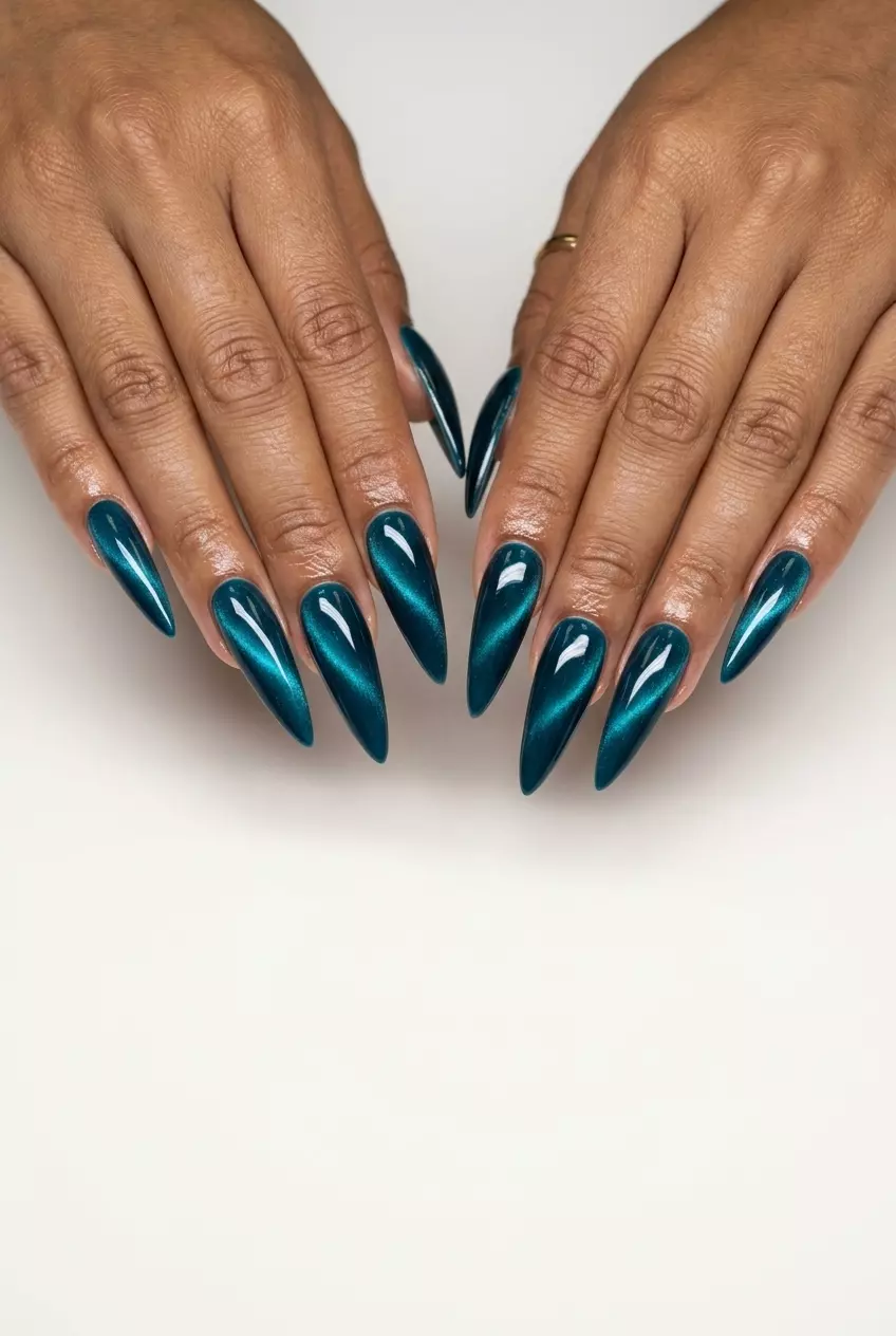 Tropical Nail Designs 2026: Electric Teal Cat-Eye Sultry electric teal cat-eye stiletto nails for parties and nights out in 2026.