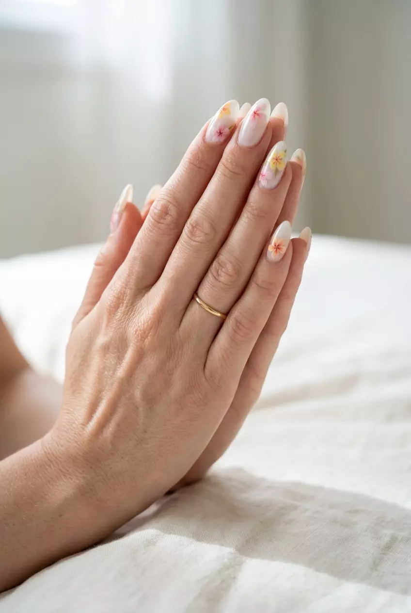 Tropical Nail Designs 2026: Floral Milk Bath Short Ethereal milky white short nails with pastel tropical florals, perfect for bridal showers in 2026.