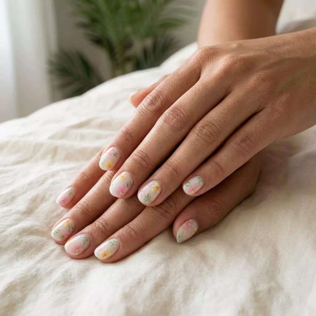 Tropical Nail Designs 2026: Floral Milk Bath Short Romantic milky white short nails with pastel tropical floral designs, perfect for wedding guests in 2026.