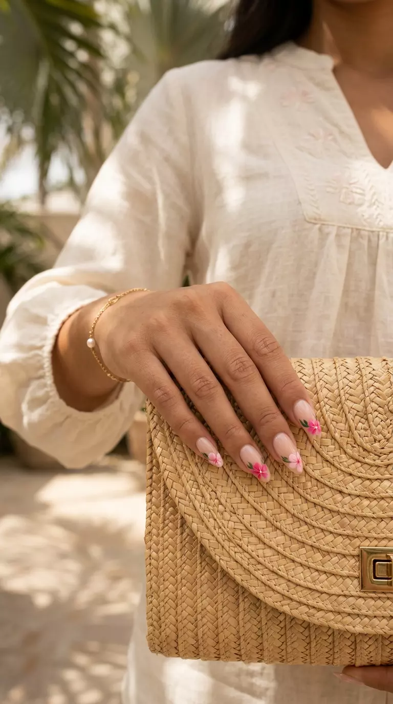 Hibiscus Bloom French | Tropical Nail Designs 2026 Island bloom reverse French nails for tropical nail designs 2026. Romantic hibiscus floral art on nude almond nails.