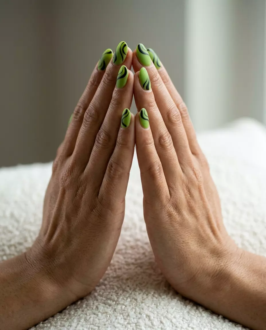 Edgy lime green matte abstract swirl nails for daily wear and creative events in 2026.