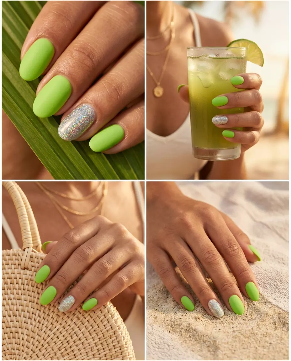 Lime Zest Holographic Accents 2026 Edgy matte lime green nails with scattered holographic flakes for tropical nail designs 2026 festivals.
