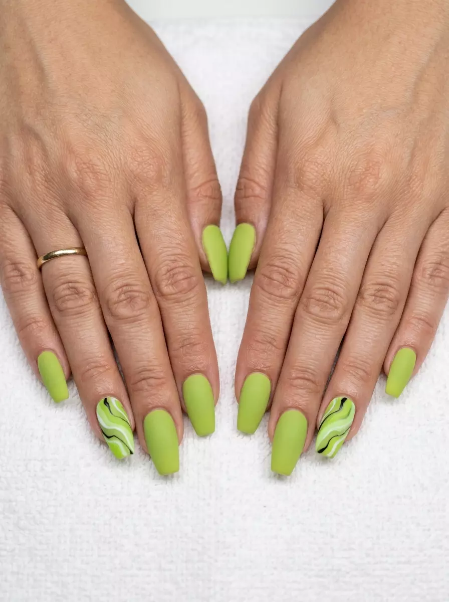 Lime Green Marble Nails 2026 Edgy matte lime green nails with abstract marble accents, perfect for tropical nail designs 2026 creative events.