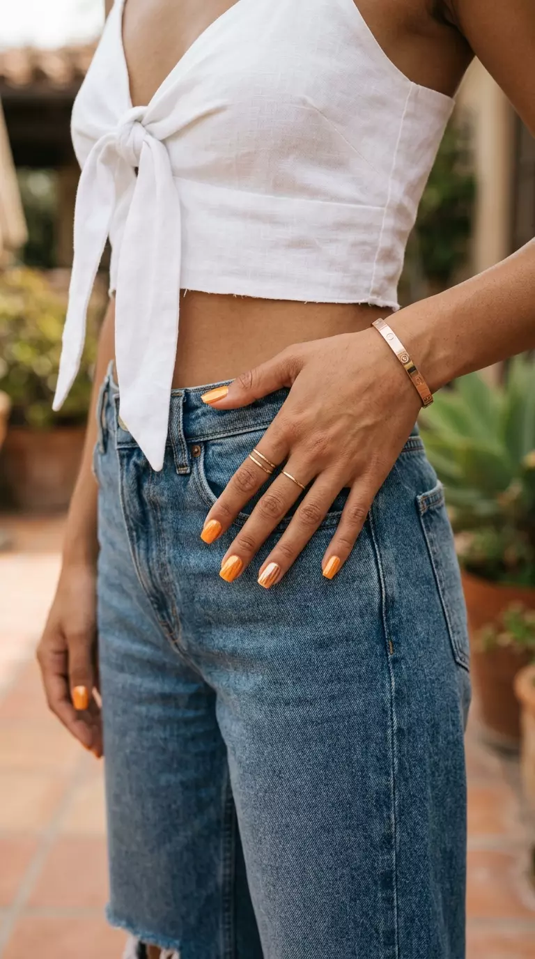 Mango Orange Chrome Accent 2026 Chic mango orange chrome accent nails on a nude base for tropical nail designs 2026 casual weekends.
