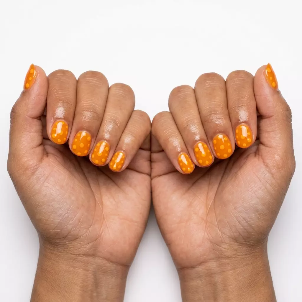 Mango Orange Jelly Dots | Tropical Nail Designs 2026 Mango orange jelly dots nail art for tropical nail designs 2026. Playful, sheer orange jelly nails with fun dots. Perfect for summer.