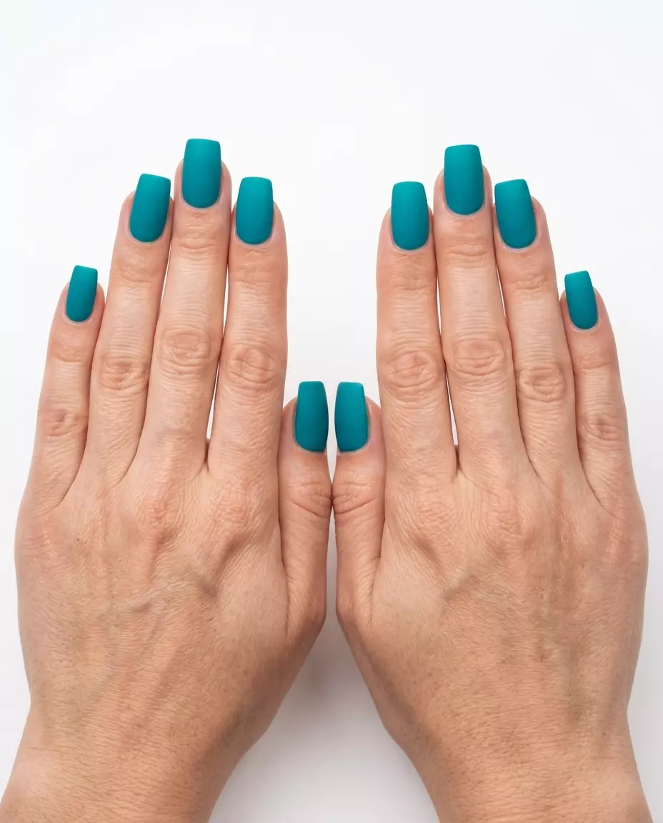 Tropical Nail Designs 2026: Matte Teal Depths Edgy matte electric teal coffin nails for daily wear, festivals, and nights out in 2026.