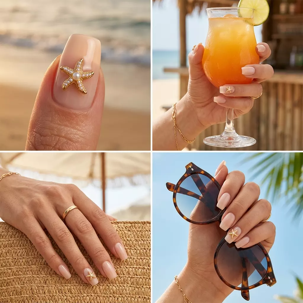 Starfish Charm Nude Nails 2026 Bohemian sheer nude nails with starfish charm for tropical nail designs 2026 vacations and beach days.