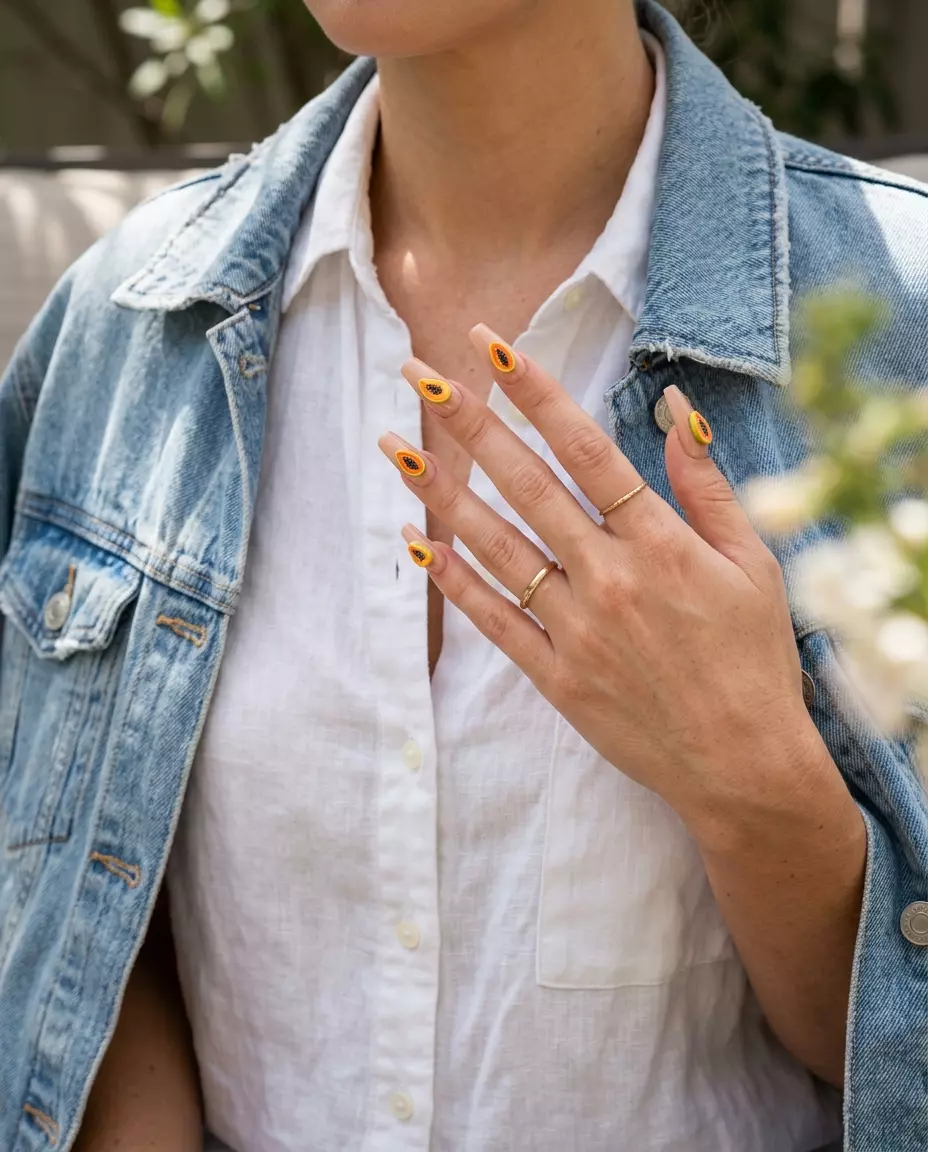 3D Papaya Slice Charms Nails 2026 Whimsical glossy nude nails with 3D papaya slice charms for tropical nail designs 2026 vacations and parties.