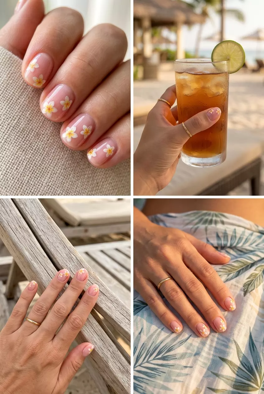 Plumeria Decal Nails | Tropical Nail Designs 2026 Petal decal delight nails for tropical nail designs 2026. Ethereal sheer pink nails with plumeria flower decals.