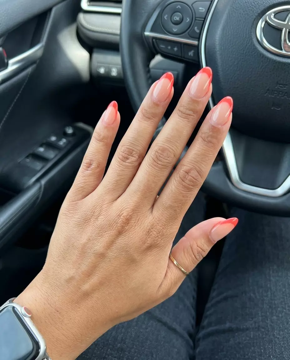 Tropical Nail Designs 2026: Vivid Coral Micro French Minimalist vivid coral micro French tip nails for daily wear and work in 2026.
