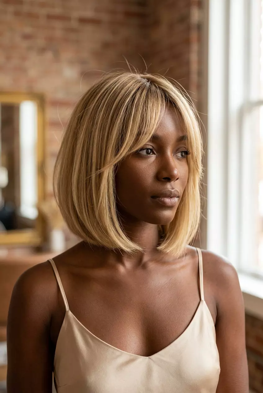 chin-length vanilla blonde french bob with blunt cut and wispy curtain bangs for romantic style