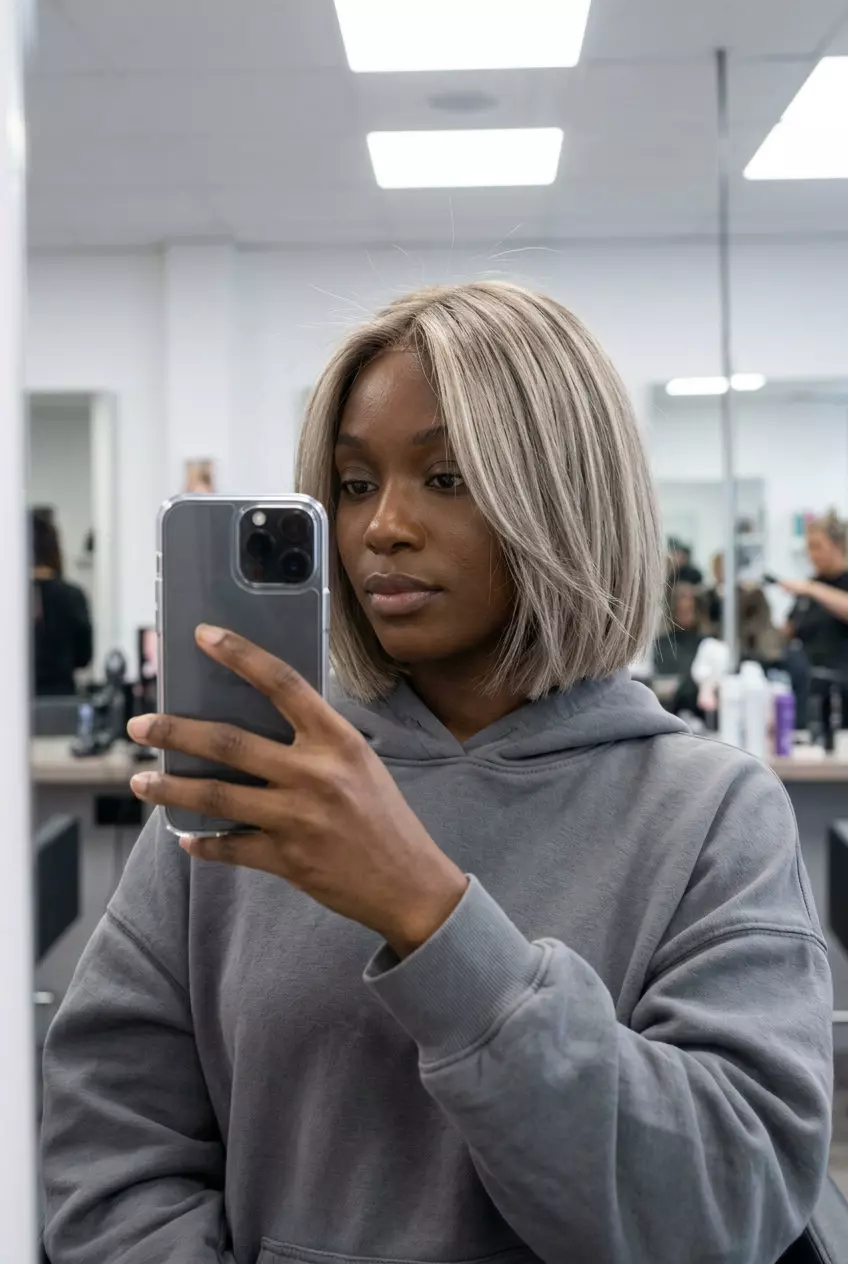 chin-length vanilla blonde razor cut bob with deconstructed ends for modern style