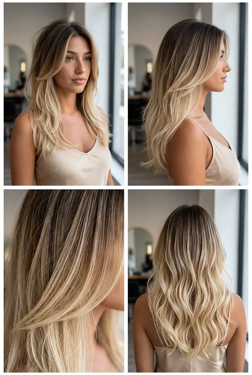 long vanilla blonde hair with sweeping layers and ombr&eacute; for bohemian style