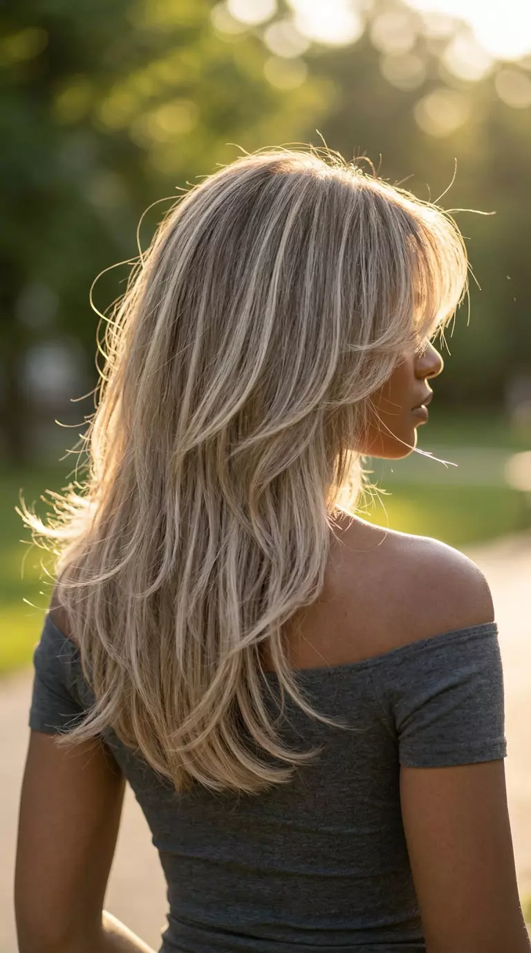 mid-length vanilla blonde shag with choppy layers and curtain bangs for playful look