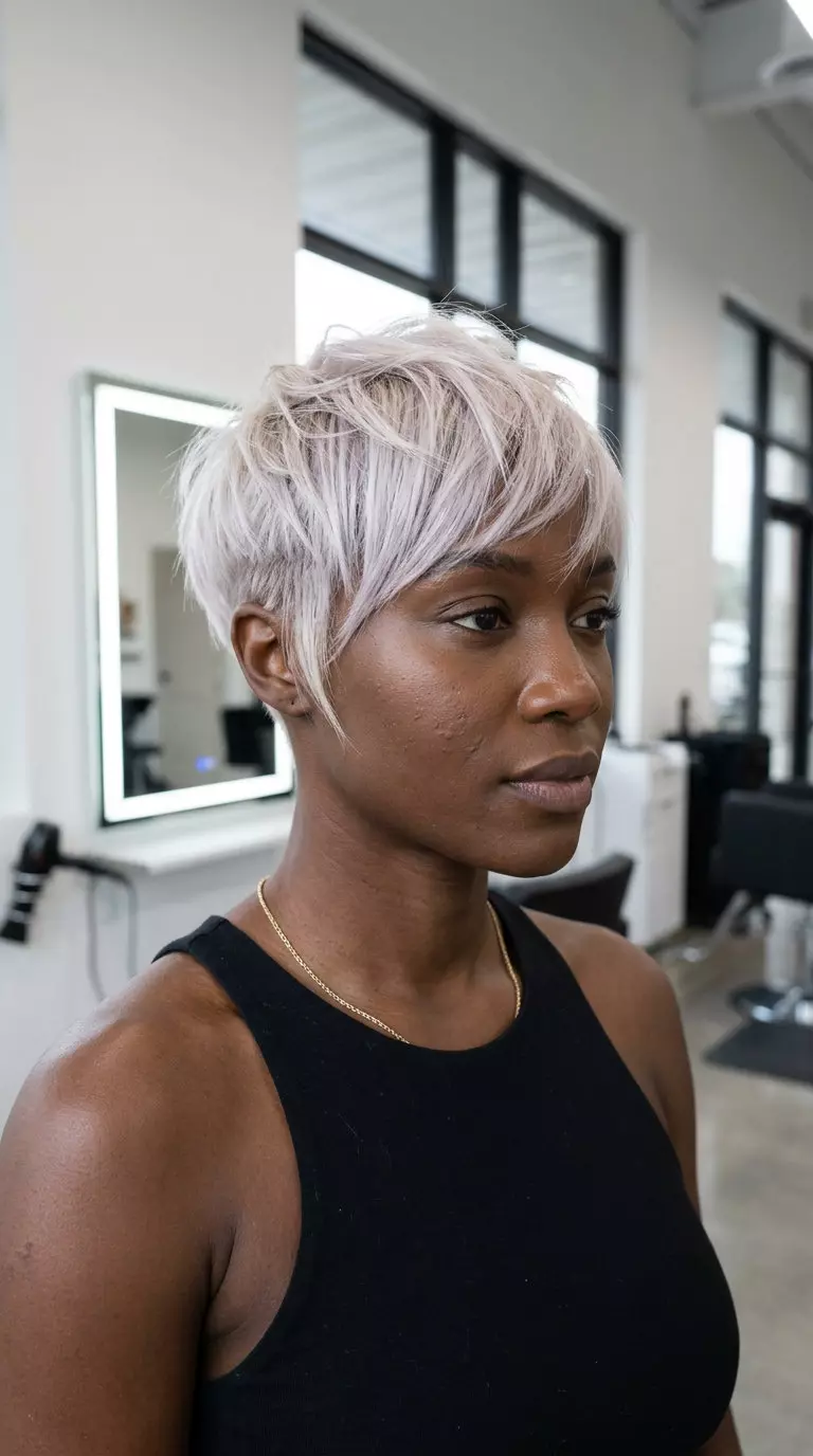 short vanilla blonde pixie crop with razored disconnected layers and tapered sides for edgy style