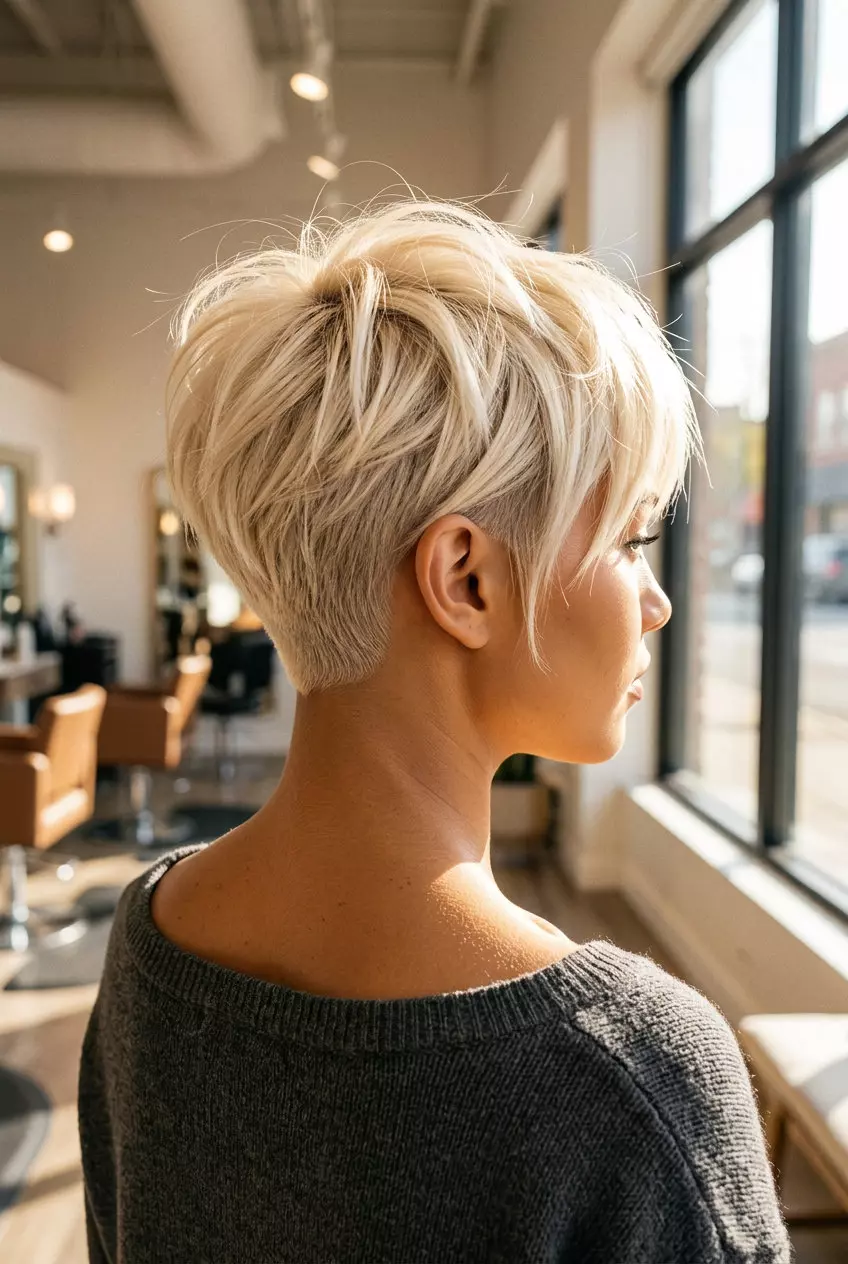 short vanilla blonde pixie haircut with razored layers and undercut for edgy style