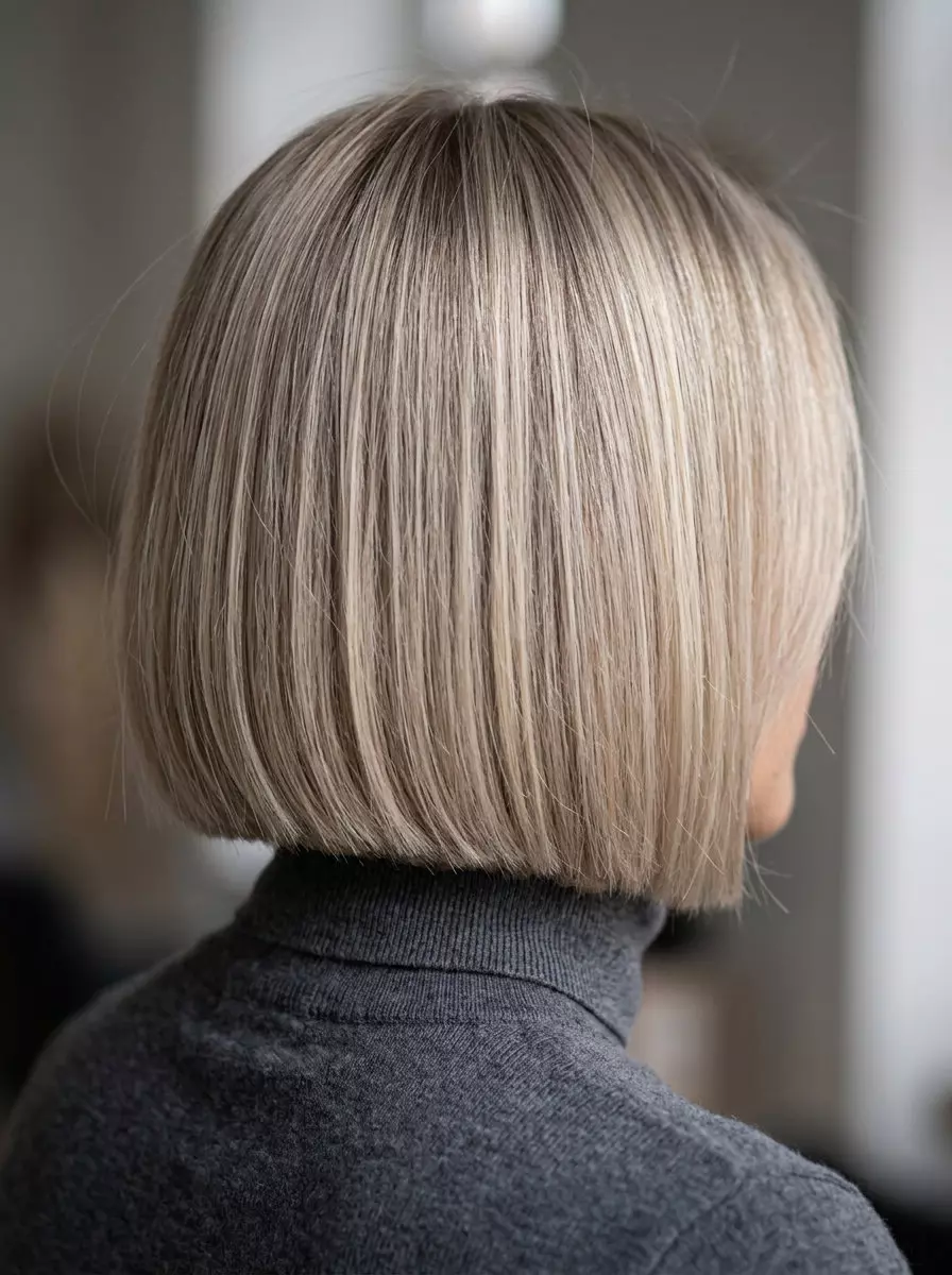 shoulder-length vanilla blonde bob with blunt cut and cool ash ribbons for professional look