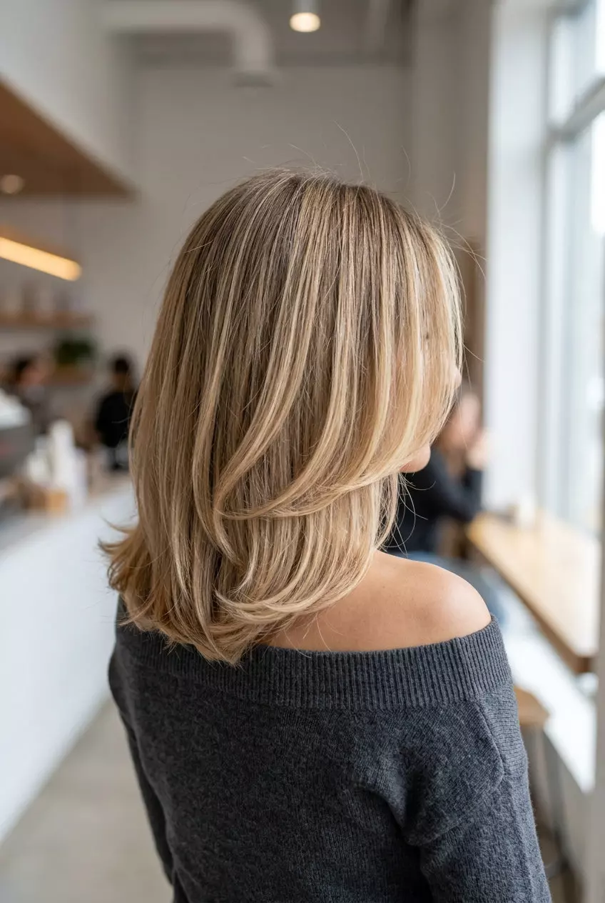 shoulder-length vanilla blonde cut with inward-curving layers and soft face-framing for retro glam