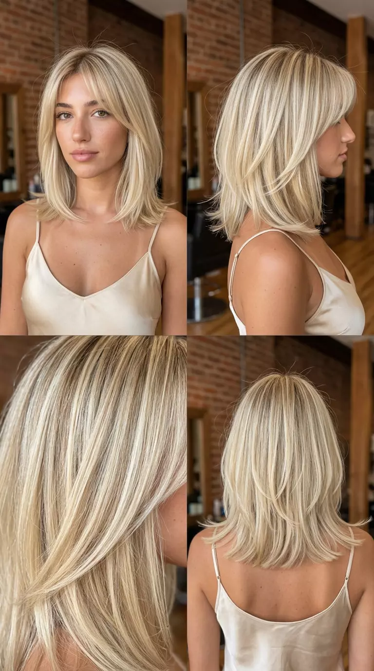 collarbone vanilla blonde cut with curtain bangs and internal layers for chic look