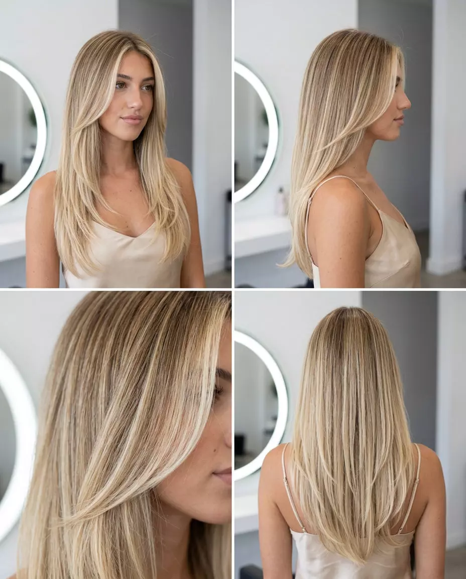 long vanilla blonde cut with V-cut layers and face-framing for summer vacation