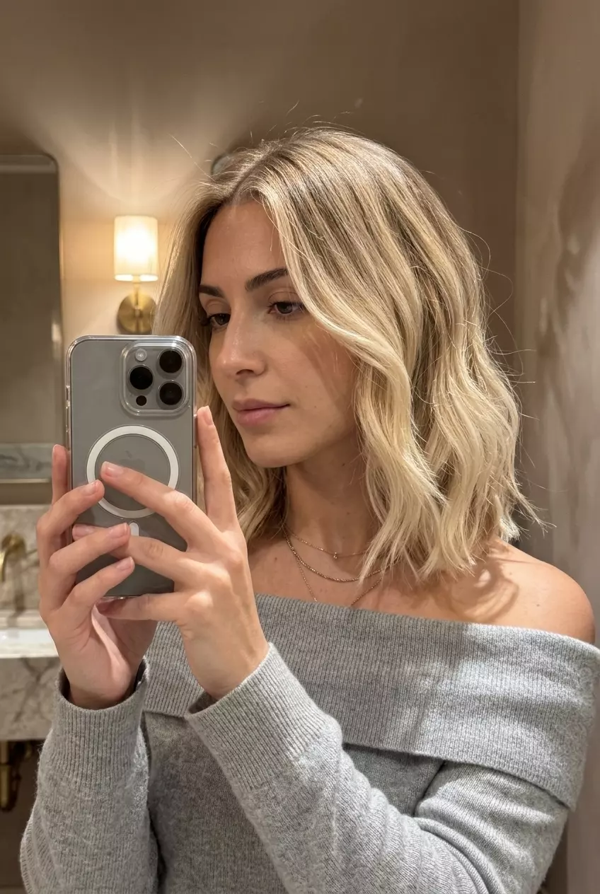 medium vanilla blonde cut with root melt and face-frame for sophisticated look