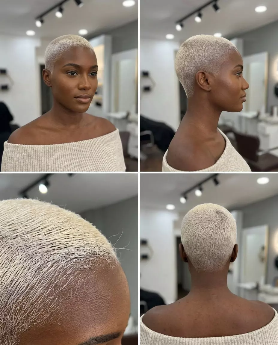 very short vanilla blonde buzz cut with powdery white-blonde, clipper-fade for edgy weekend