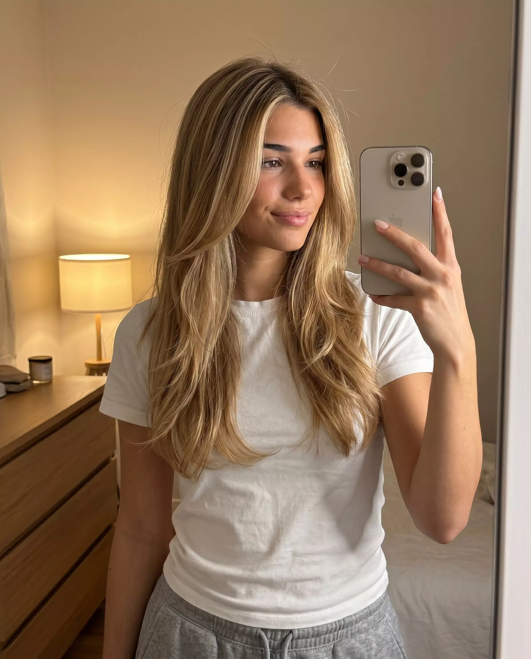 long layered haircut with warm blonde balayage, honey tones, and subtle layers for summer 2026
