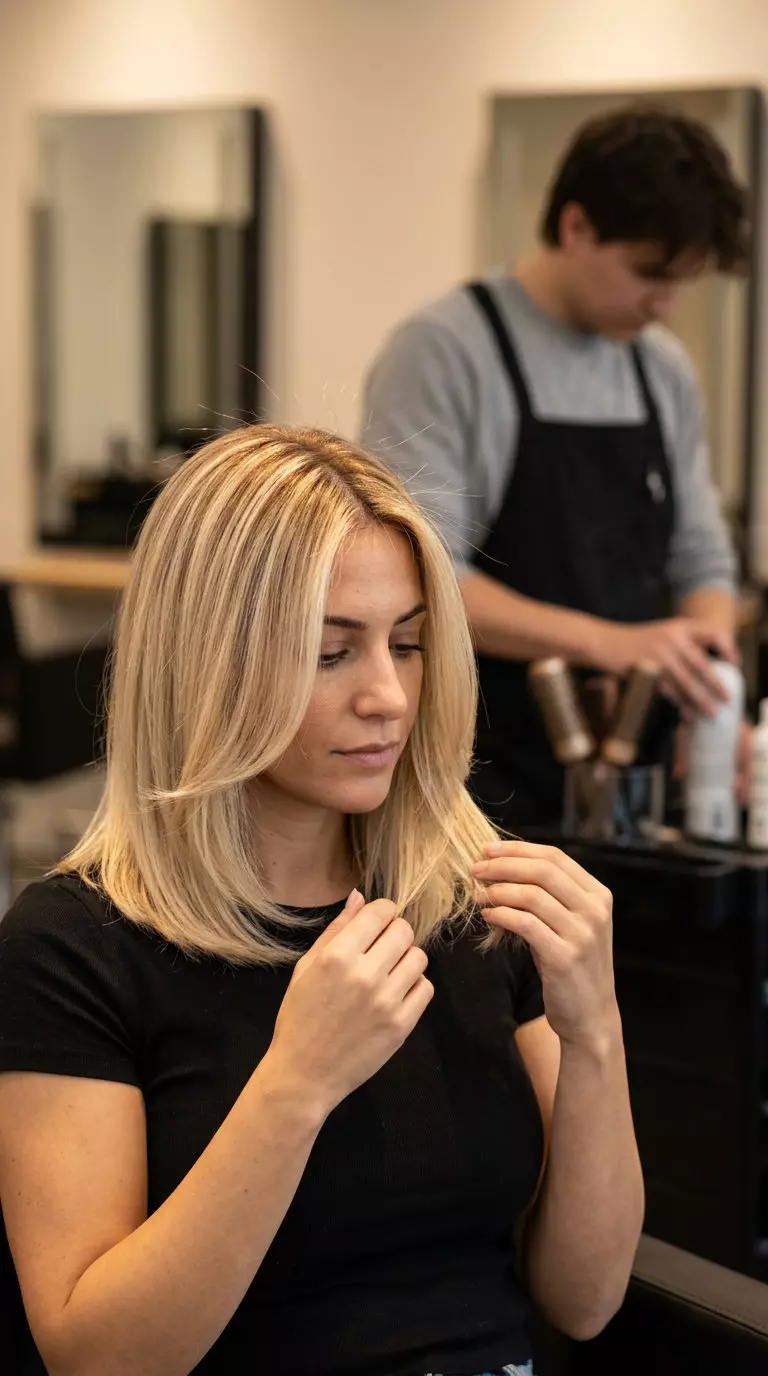 medium-length warm blonde lob with sun-stripped babylights for summer haircut 2026