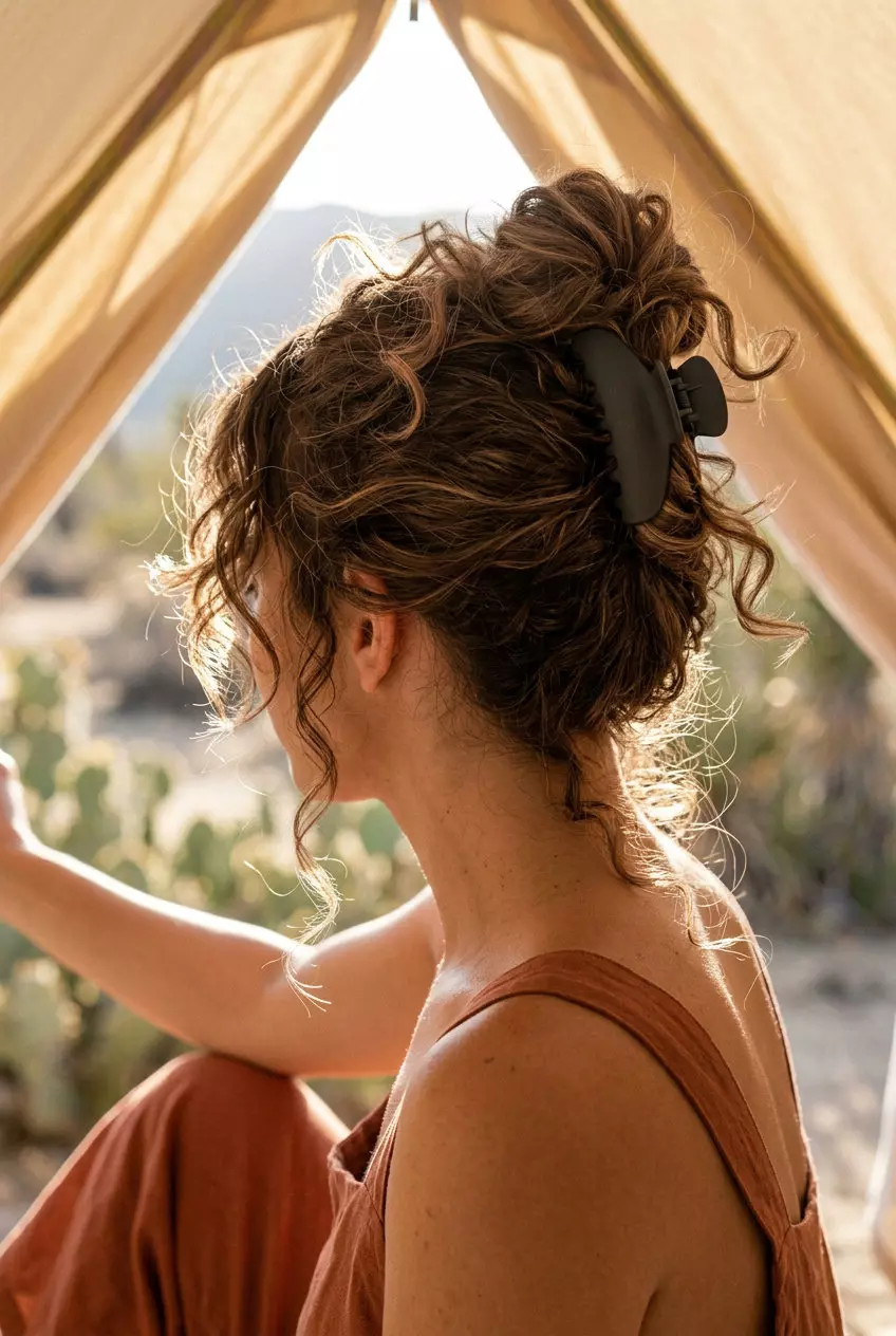 medium-long curly hair updo with warm brown mushroom bronde, babylights, boho bun for summer