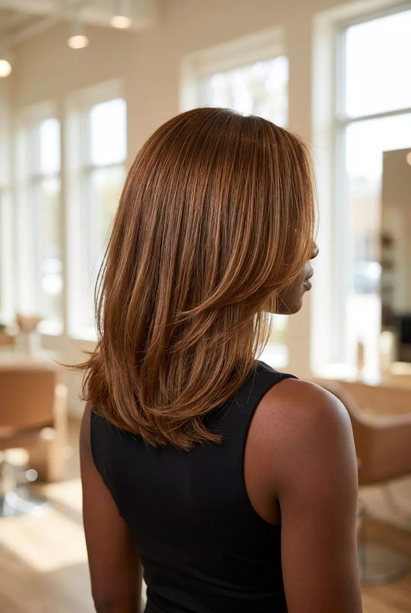 long warm golden brown hair color with amber reflects, high luminosity, no fringe &mdash; luminous