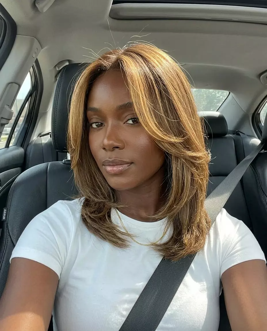 long warm medium brown hair color with golden honey money pieces, face-framing highlights, no fringe &mdash; bright