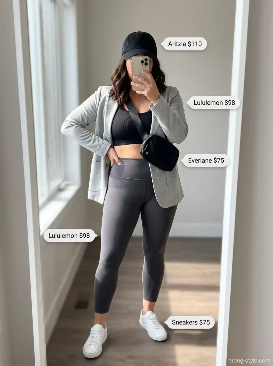 Knit Blazer Athleisure Outfit 2026 | Elevated Comfort Athleisure outfit with a charcoal grey knit blazer, black leggings, and white sneakers. What to wear with blazer in summer 2026.