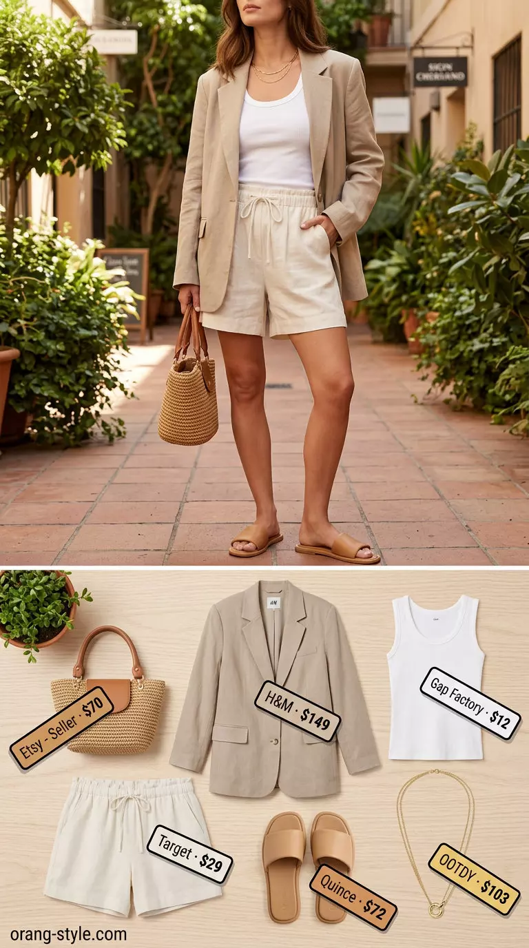 Summer 2026 Linen Shorts Set for Relaxed Chic What to Wear with Blazer in Summer 2026: Beige linen shorts set with cream tank, straw tote. Relaxed chic.