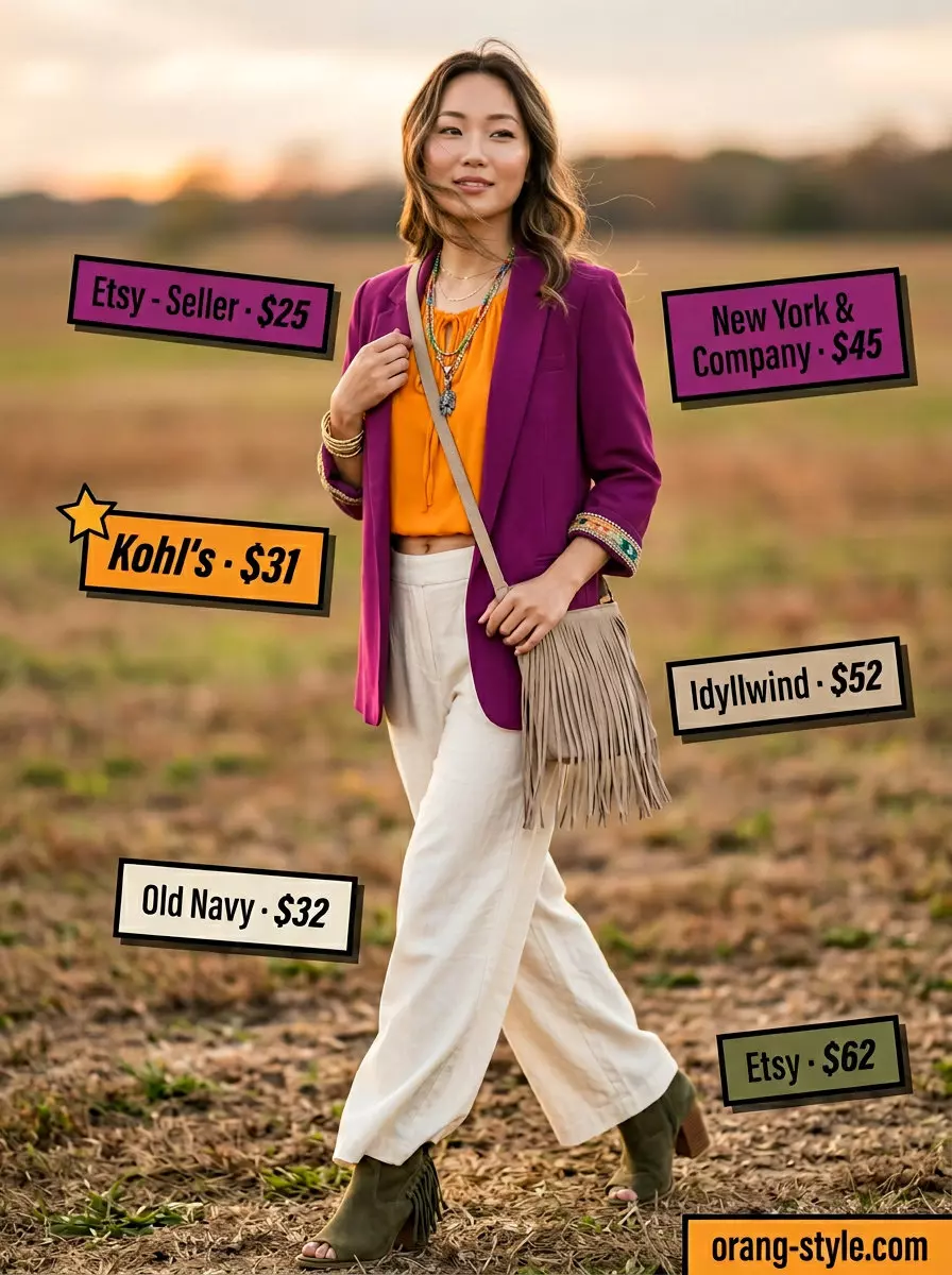What to Wear with Blazer in Summer 2026: Boho Festival Look What to Wear with Blazer in Summer 2026: Boho peasant blouse and wide-leg pants for festival.
