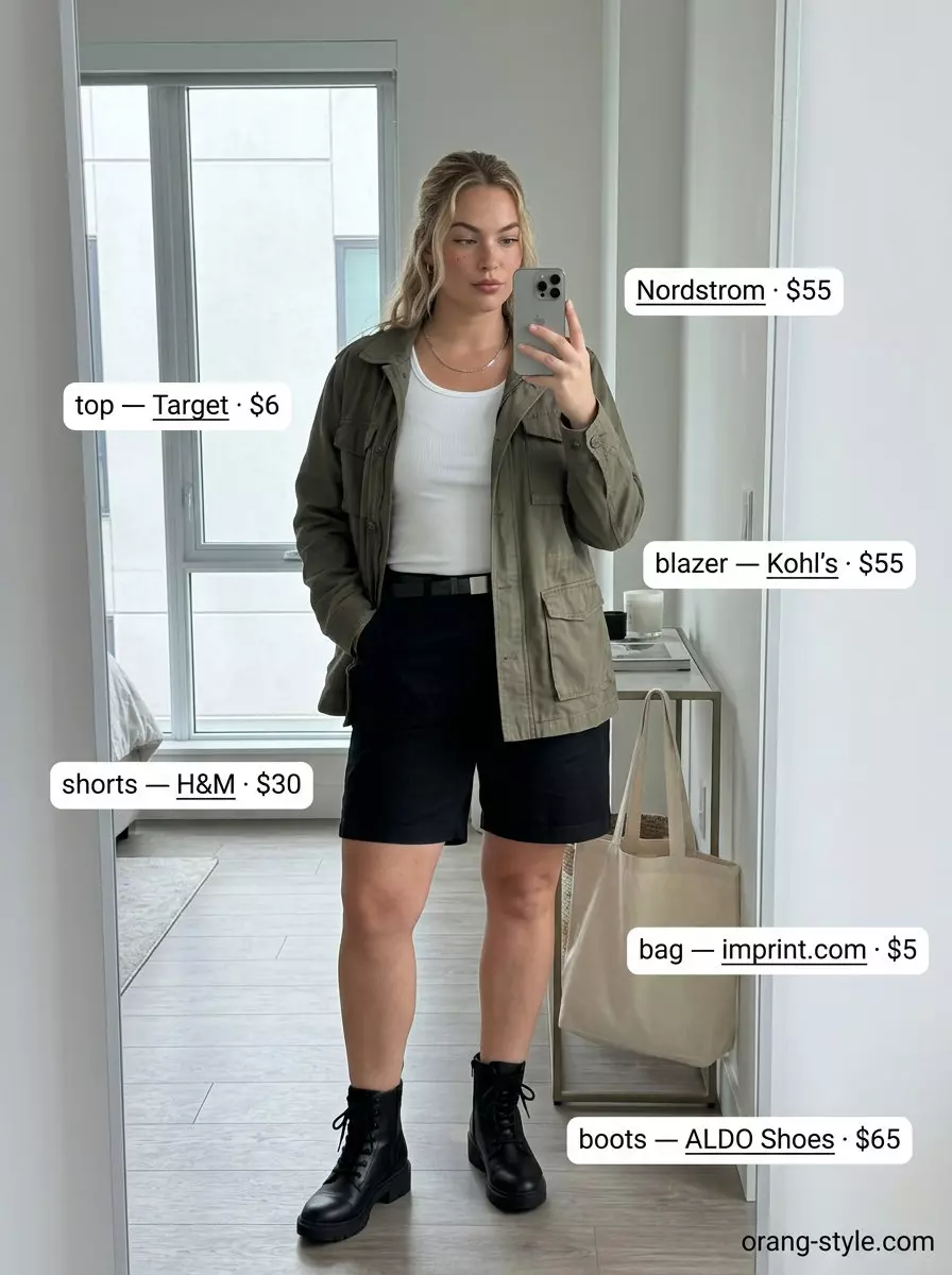 Cargo Blazer Summer Outfit 2026 | Weekend Getaway Trendy casual outfit with an olive green cargo blazer, white tank, black shorts, and combat boots. What to wear with blazer in summer 2026.