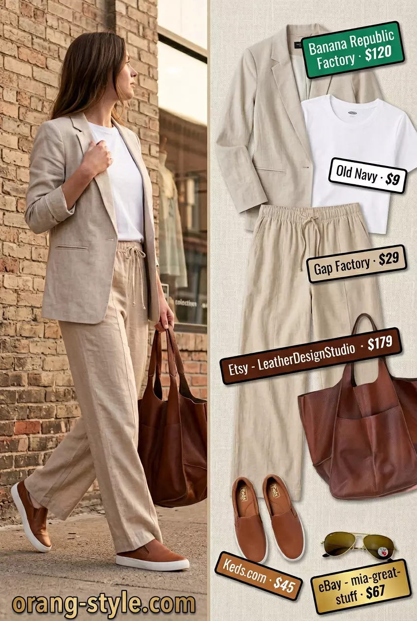 Beige Blazer Travel Outfit 2026 | Casual Comfort Comfortable travel outfit with a beige linen blazer, wide-leg linen pants, and white tee. What to wear with blazer in summer 2026.